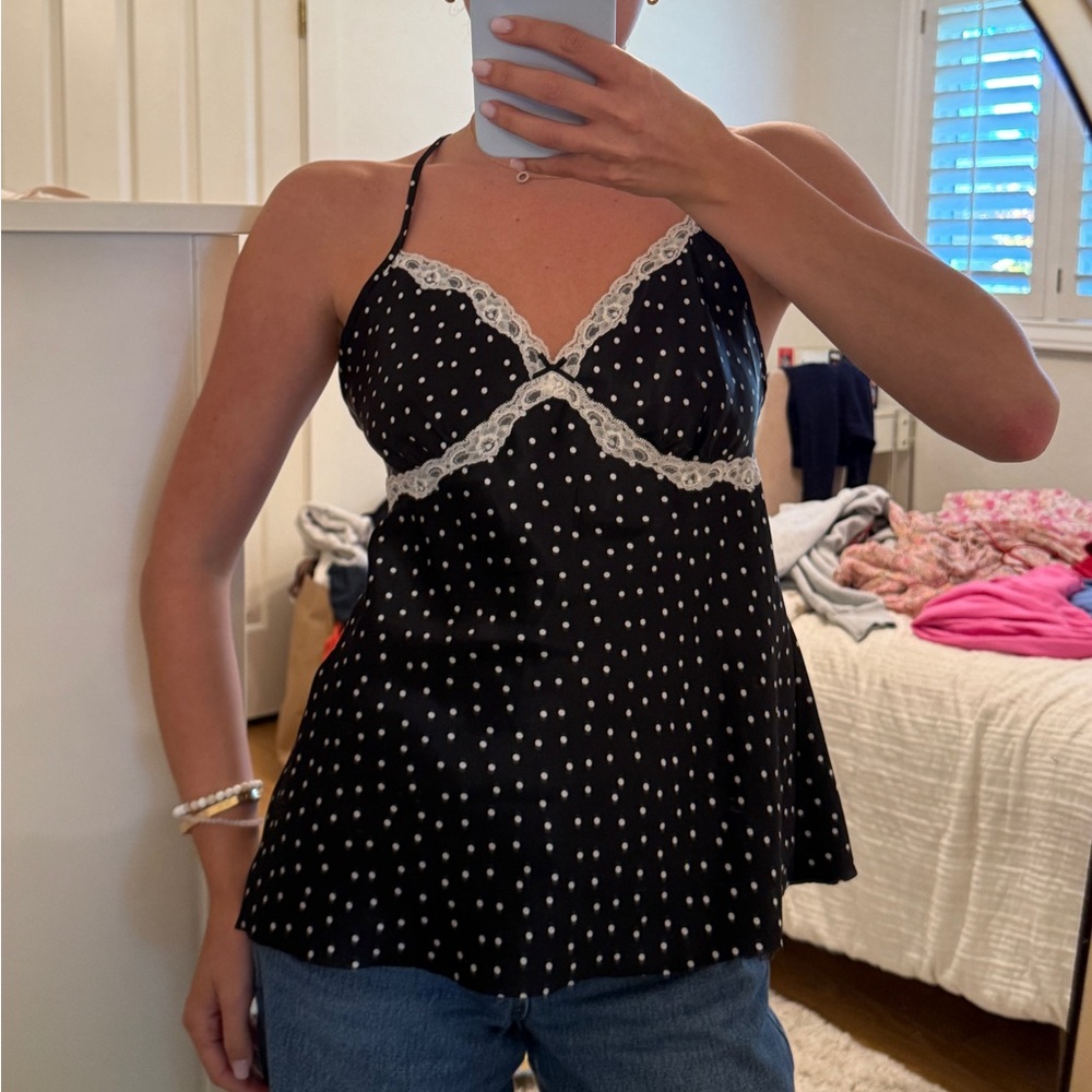 Ambrielle Black and White Polka Dot Lace Chemise